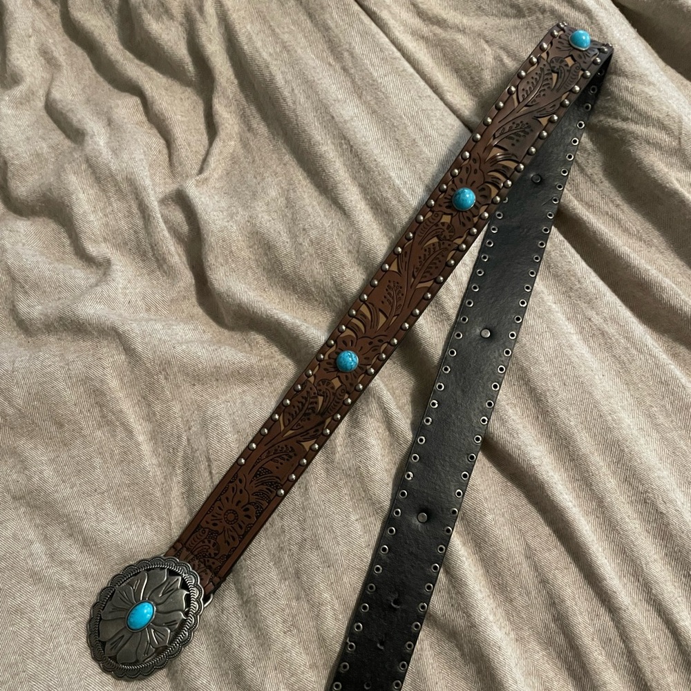Tooled Brown Western Belt with Turquoise Conchos